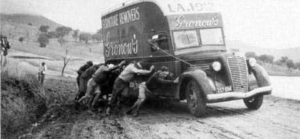 Bogged van on the Murray Valley Highway, Christmas 1947.