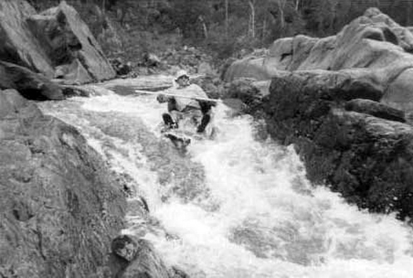 Derrick Brown entering a rapid on the Shoalhaven River above The Blockup Gorge. New Year's Eve, 1991.