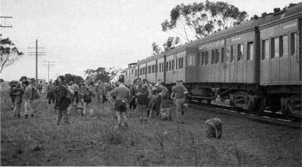 Walkers leaving a chartered train for a Federation Moomba Day Walk in the Macedon area,